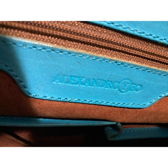 Alexandro Yeo Mexican Leather Tooled Embossed Turquoise Tote Braided Handle - Picture 9 of 16